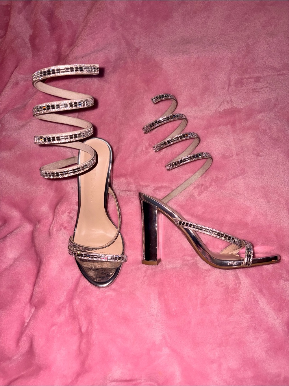 Wild Diva Pink Spiral Rhinestone Block Heel Sandals
